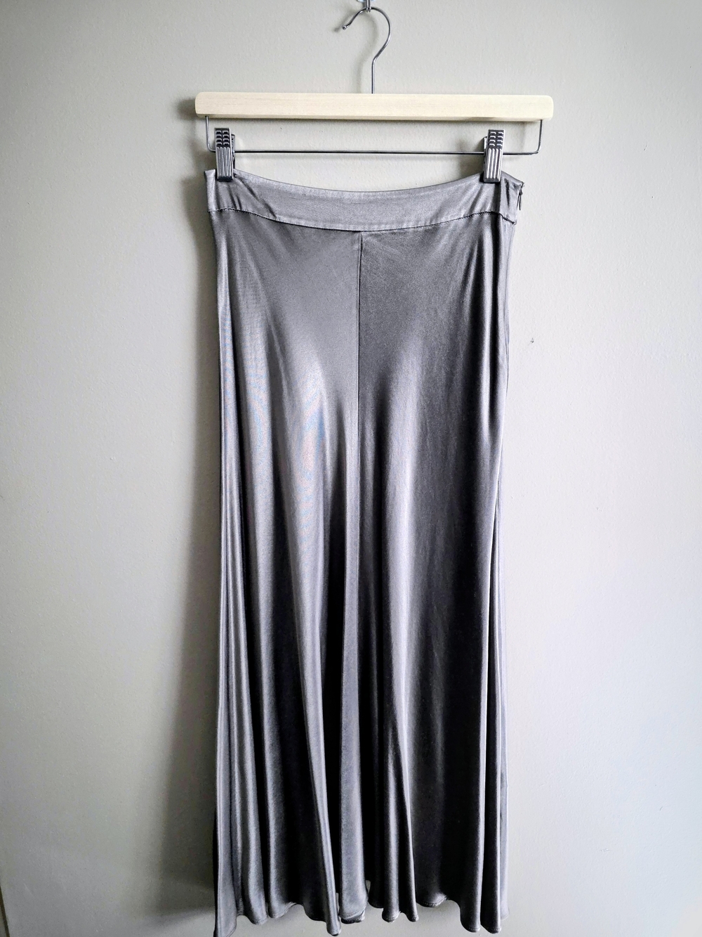 Women's Silver Green Satin Maxi Skirt - Sleek Flowing Style